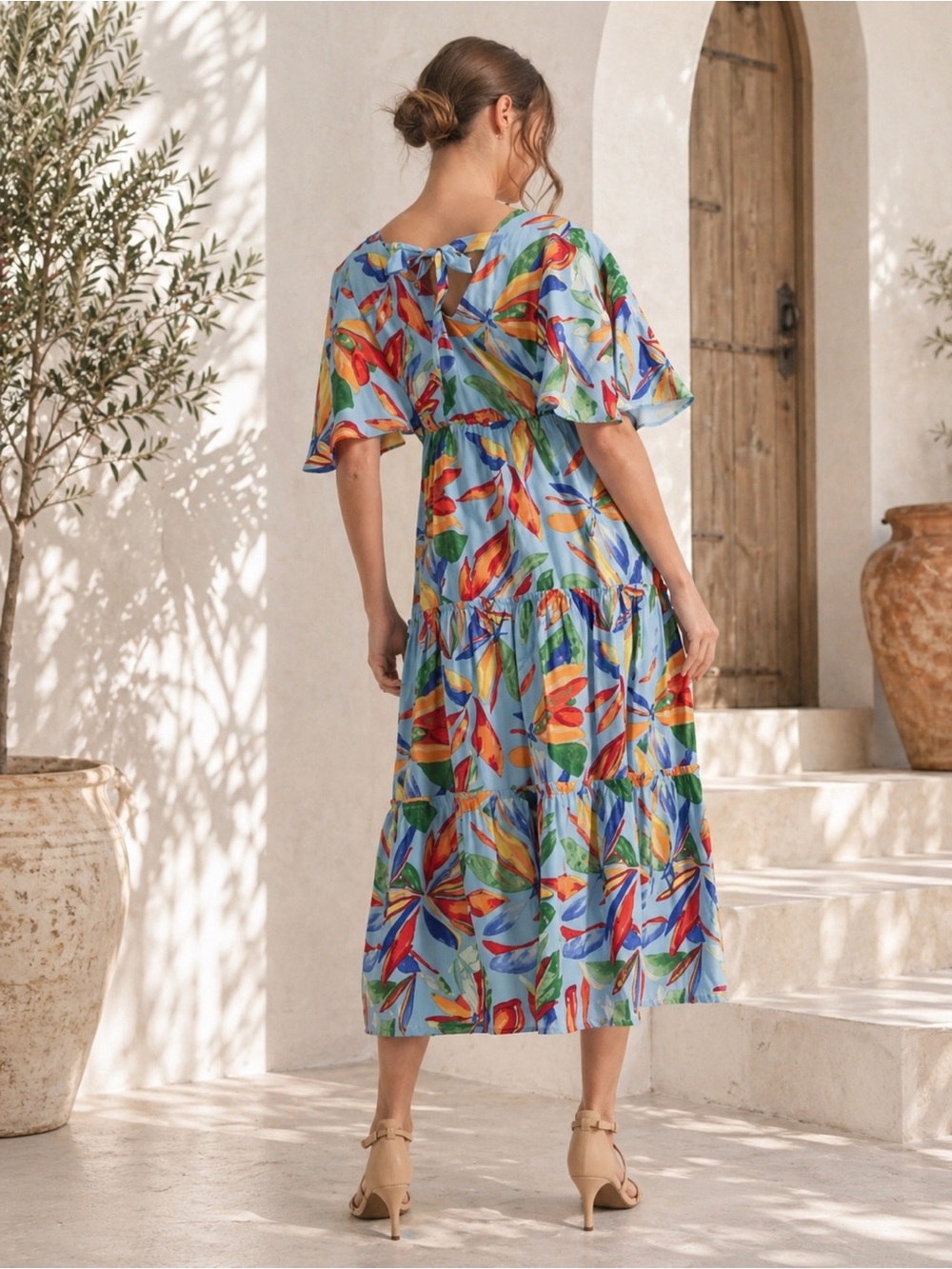 #43 V-Neck Blue Tropical Print Midi Dress - Picture 2 of 3